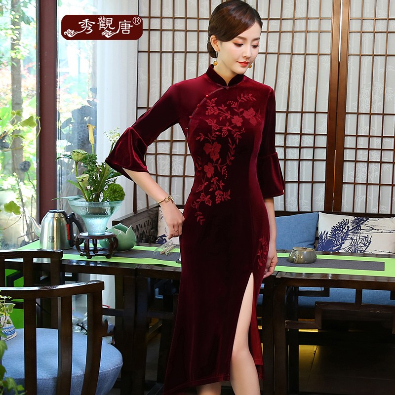 Bell Sleeve Claret Velvet Modern Qipao Cheongsam Dress Qipao Cheongsam And Dresses Women 