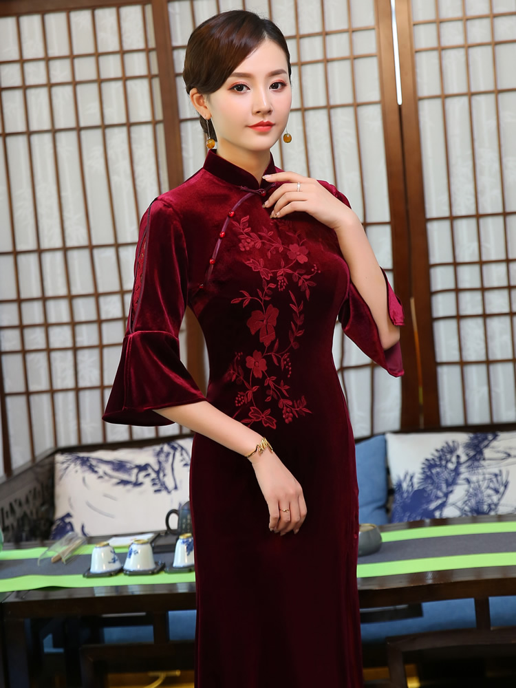 Bell Sleeve Claret Velvet Modern Qipao Cheongsam Dress Qipao Cheongsam And Dresses Women 