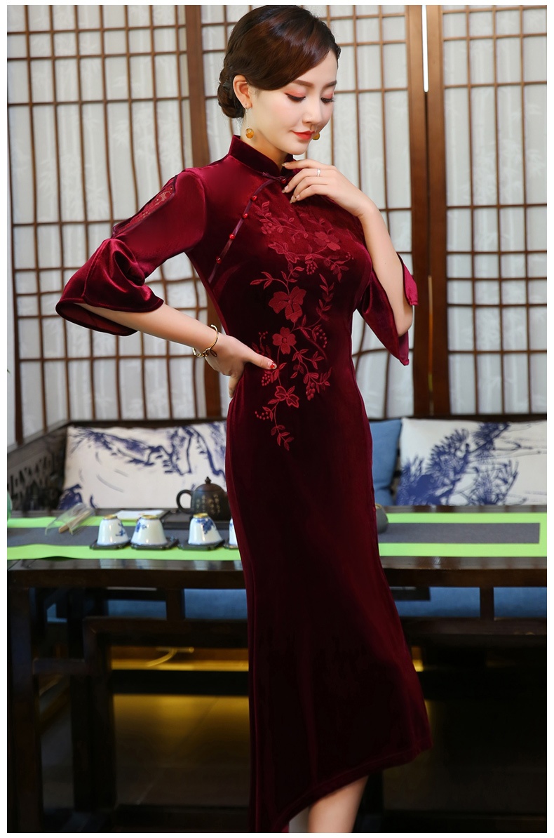 Bell Sleeve Claret Velvet Modern Qipao Cheongsam Dress Qipao Cheongsam And Dresses Women 