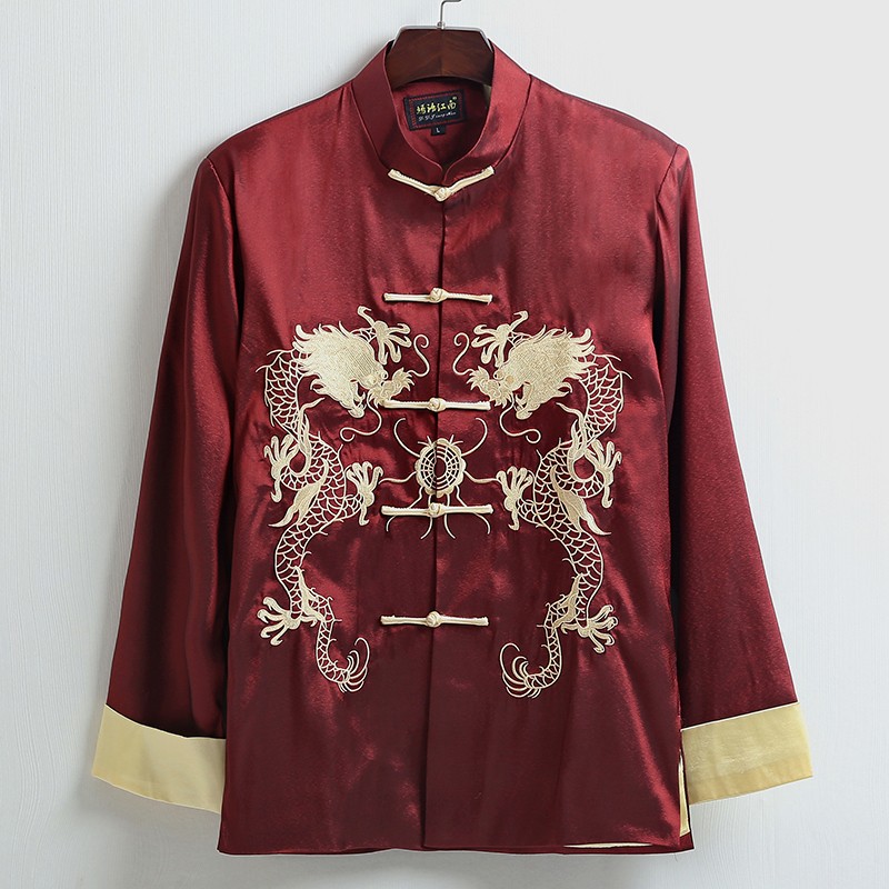 Double Dragons Embroidery Kung Fu Jacket Claret Chinese Jackets & Coats Men