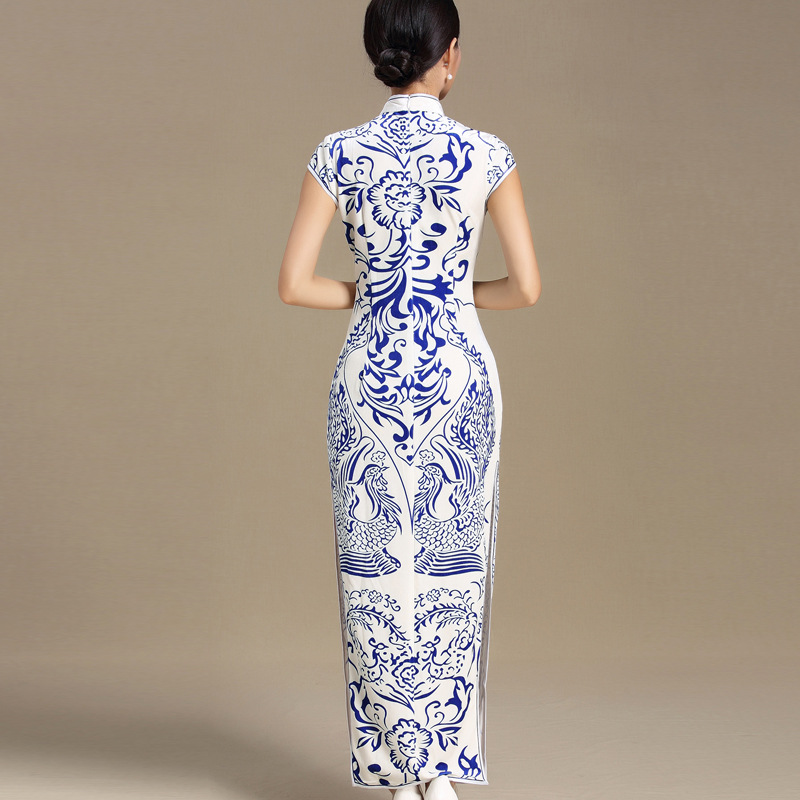 Wonderful Blue Print Long Qipao Cheongsam Dress Qipao Cheongsam And Dresses Women 