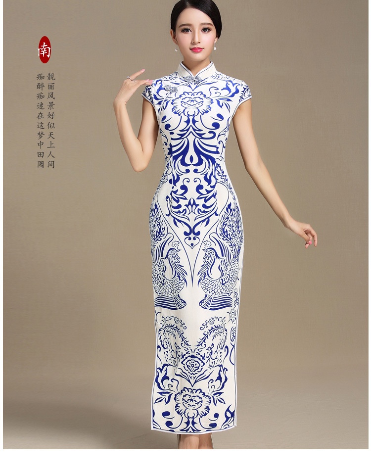 Wonderful Blue Print Long Qipao Cheongsam Dress Qipao Cheongsam And Dresses Women 