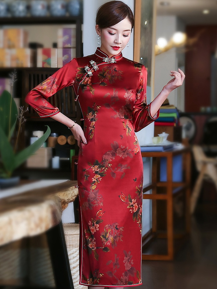 Pretty Silk Chinese Dress Qipao Cheongsam - 3/4 Sleeve - Qipao Cheongsam & Dresses - Women