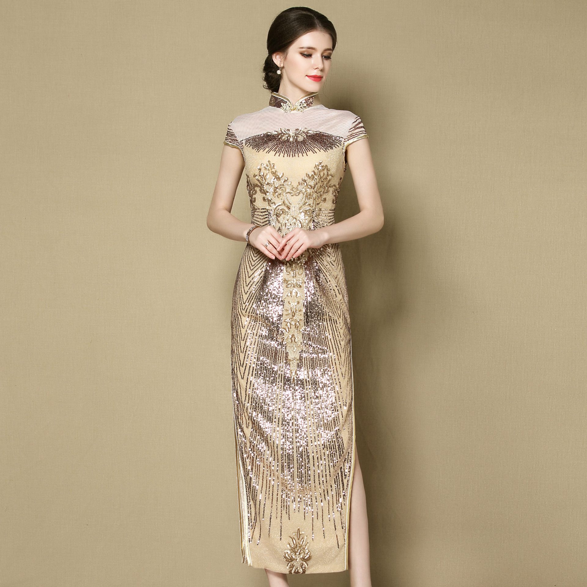 Marvelous Beaded Long Qipao Cheongsam Dress Golden Qipao Cheongsam