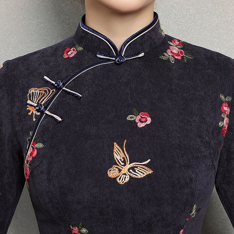 Pretty Butterfly Embroidery Qipao Cheongsam Dress Blue Qipao Cheongsam And Dresses Women