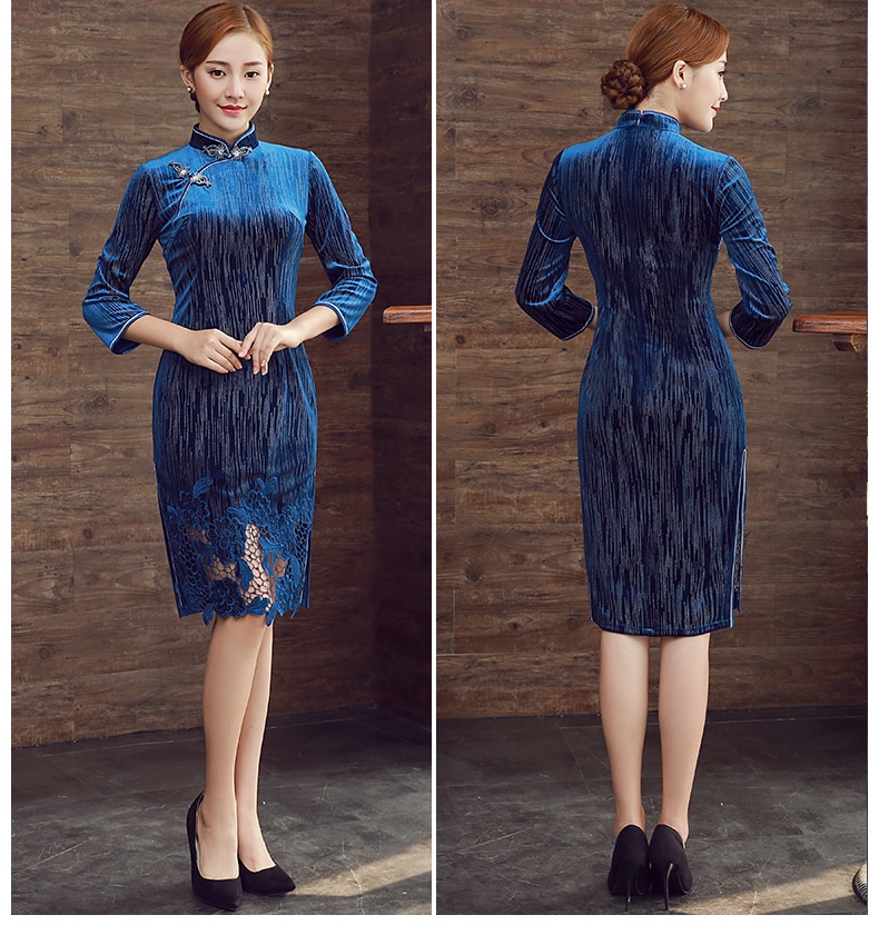 Fantastic Blue Velvet Chinese Dress Qipao Cheongsam Qipao Cheongsam 