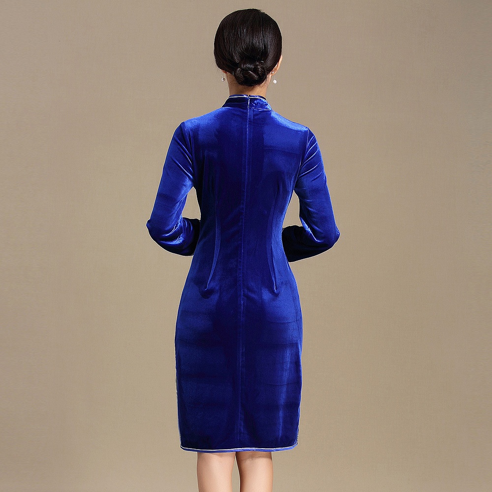 Elegant Blue Velvet Chinese Cheongsam Qipao Dress Qipao Cheongsam 