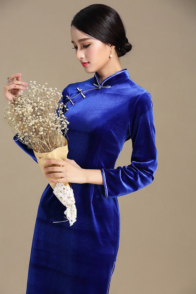 Elegant Blue Velvet Chinese Cheongsam Qipao Dress Qipao Cheongsam And Dresses Women