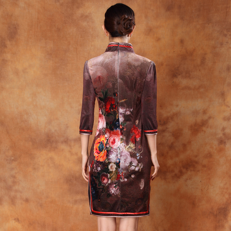 Gorgeous Flowers Print Velvet Qipao Cheongsam Dress Qipao Cheongsam