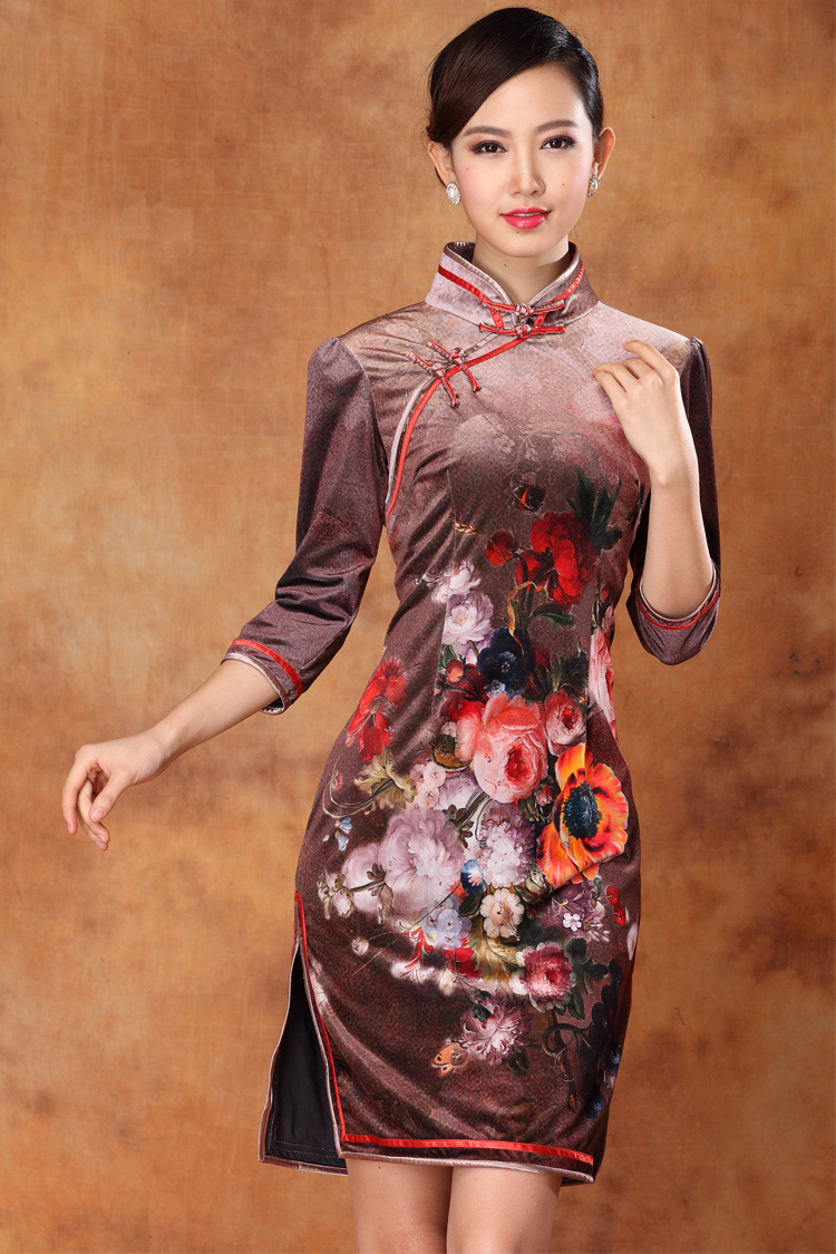 Gorgeous Flowers Print Velvet Qipao Cheongsam Dress Qipao Cheongsam