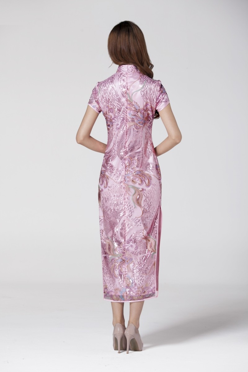 Spectacular Embroidery Luxury Long Lace Cheongsam Dress Pink Qipao Cheongsam And Dresses Women 