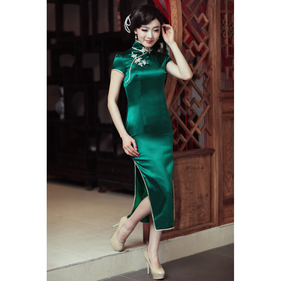 green silk long dress