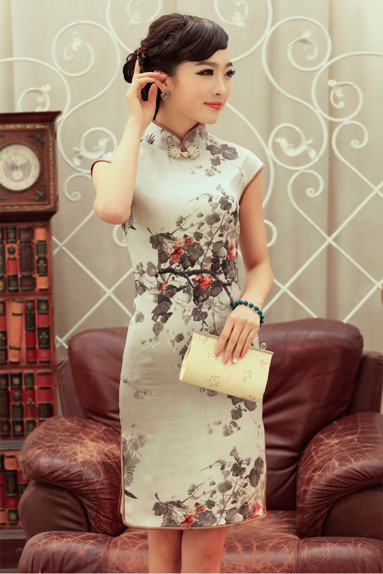 Dignified Ink Print Silk Cheongsam Qipao Dress Qipao Cheongsam