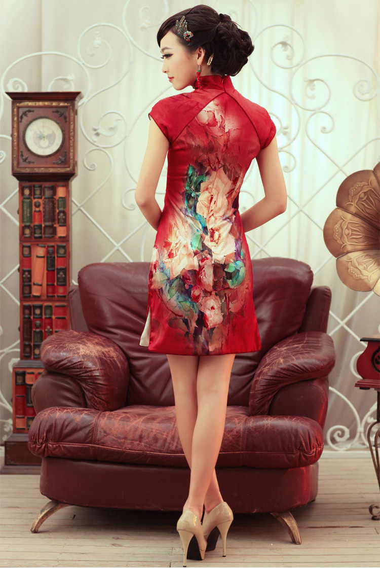 Glorious Flowers Print Silk Short Cheongsam Dress Qipao Cheongsam And Dresses Women 9541