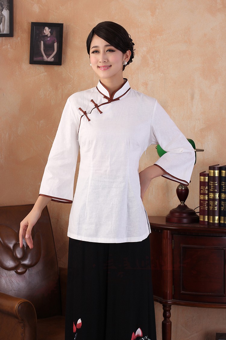 Traditional Cheongsam Style Flax Blouse - White - Chinese Shirts 