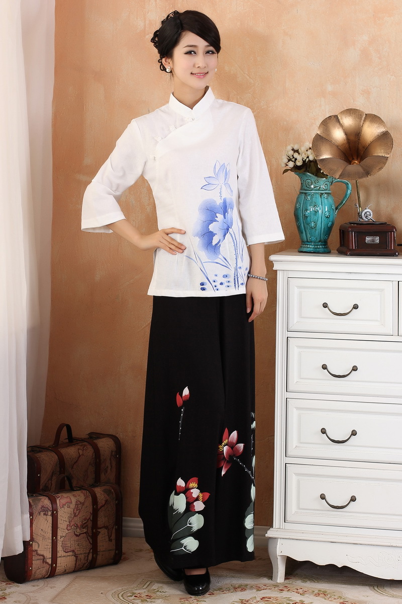 Lotus Flowers Print Cheongsam Style Blouse White Chinese Shirts