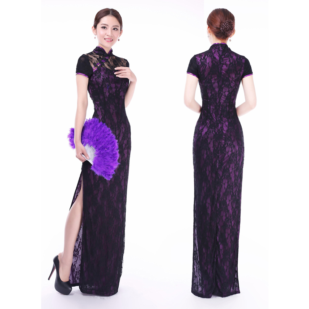 Marvelous Roses Lace Long Cheongsam Dress Purple Qipao Cheongsam And Dresses Women 