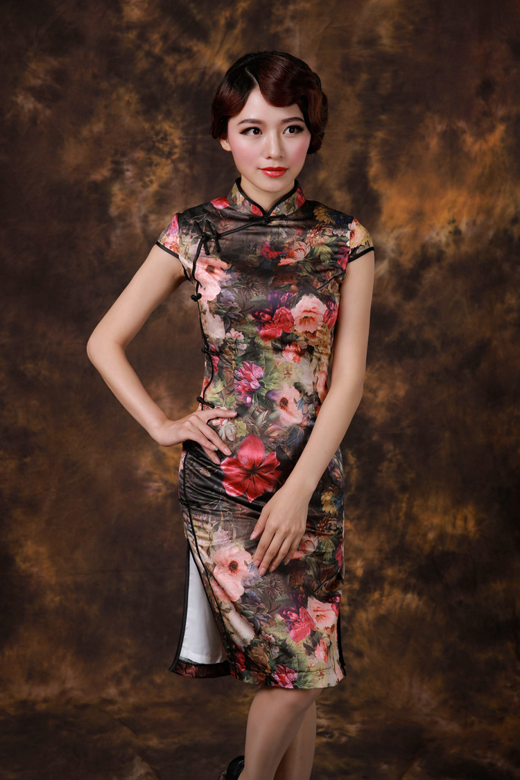 Beautiful Floral Print Qipao Cheongsam Dress Brown Qipao Cheongsam And Dresses Women 