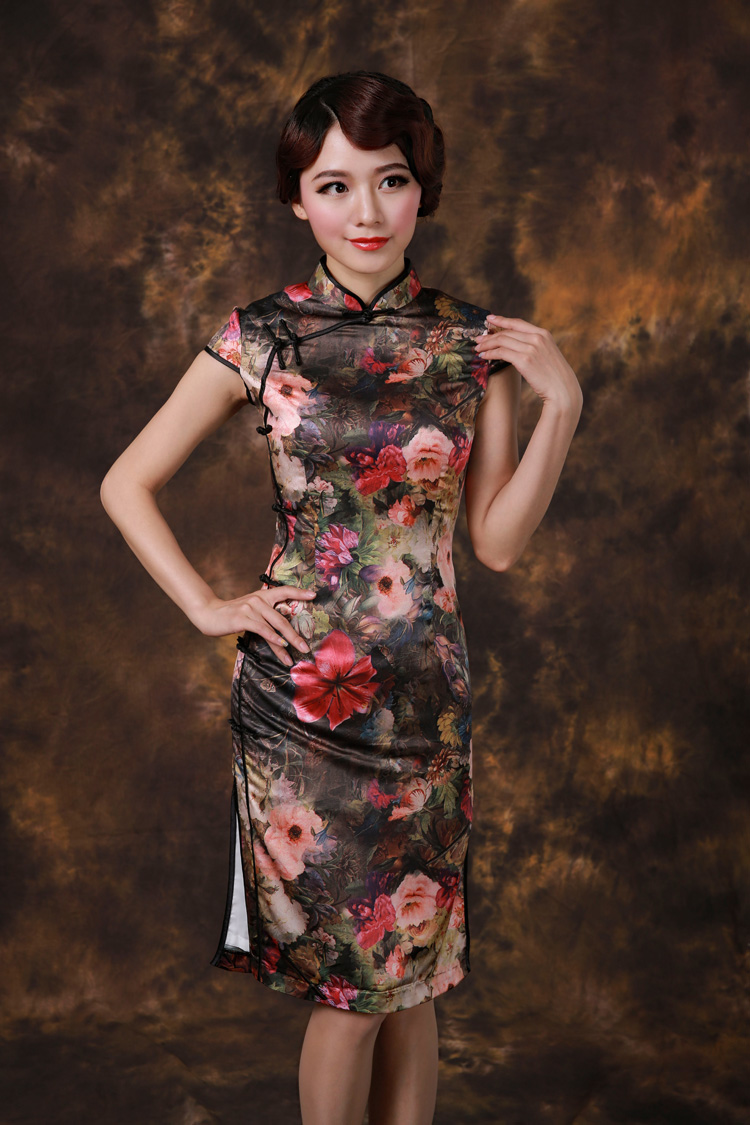 Beautiful Floral Print Qipao Cheongsam Dress Brown Qipao Cheongsam 
