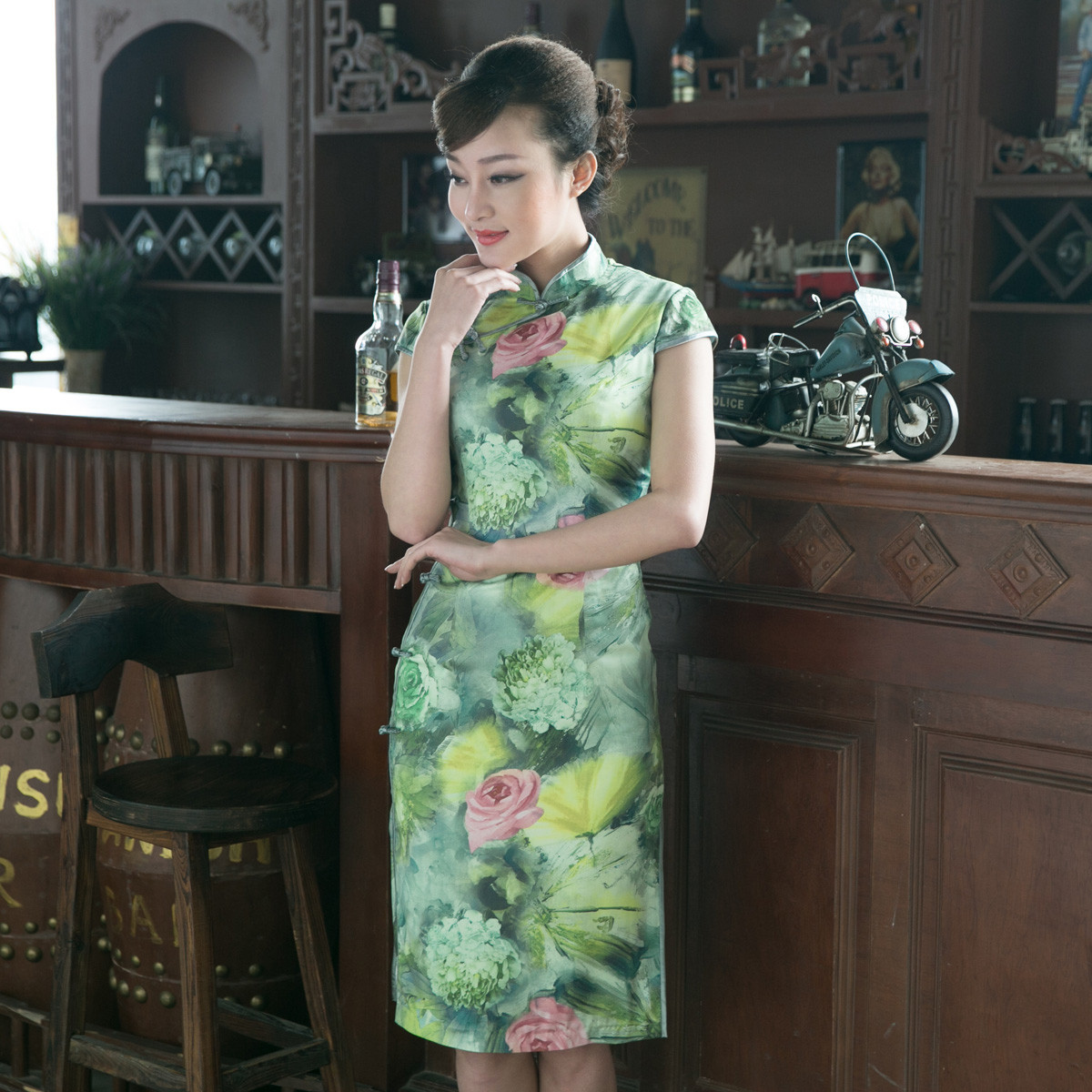 Beautiful Floral Print Qipao Cheongsam Dress Green Qipao Cheongsam And Dresses Women 5916