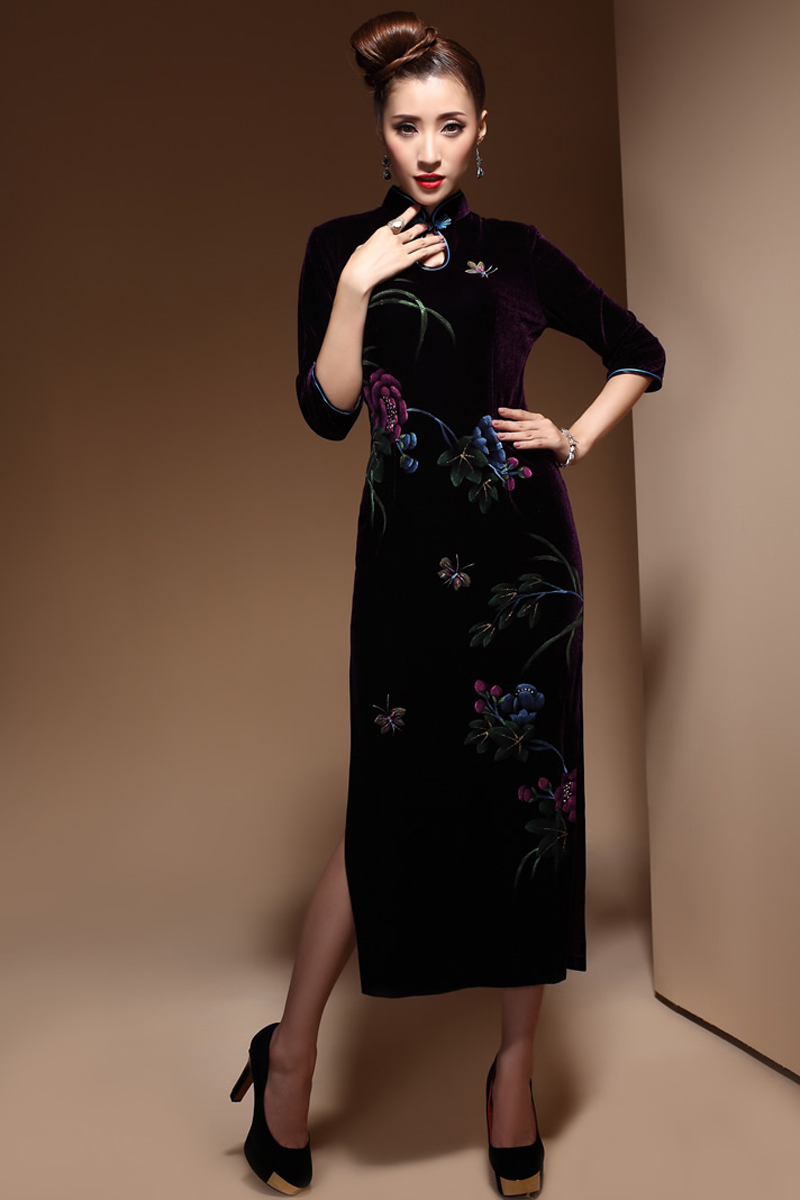 Delightful Butterflies Purple Velvet Long Cheongsam Dress Qipao Cheongsam And Dresses Women 