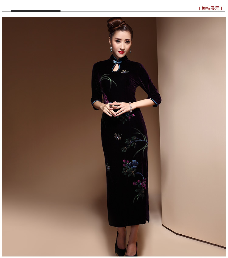 Delightful Butterflies Purple Velvet Long Cheongsam Dress Qipao Cheongsam And Dresses Women 8936