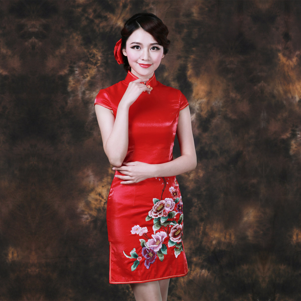 Ravishing Peony Flowers Embroidery Red Qipao Cheongsam Dress Qipao Cheongsam And Dresses Women 2193