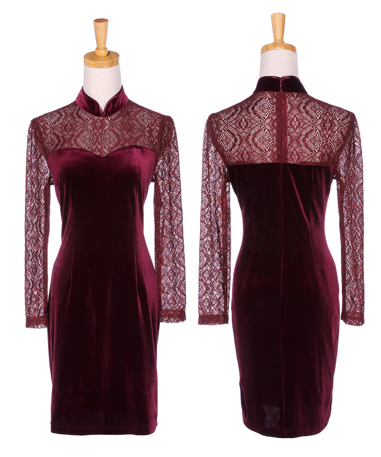 Elegant Long Lace Sleeves Modern Short Velvet Qipao Claret Qipao