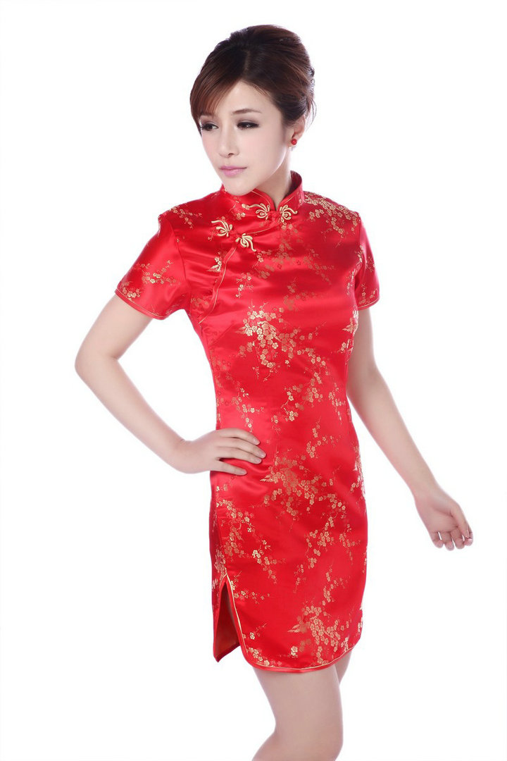 Plum Flowers Brocade Traditional Short Cheongsam - Red - Qipao