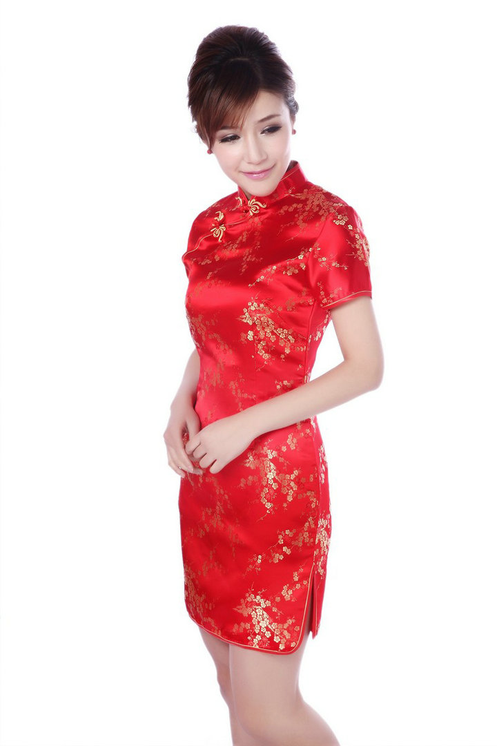 Plum Flowers Brocade Traditional Short Cheongsam Red Qipao Cheongsam And Dresses Women 