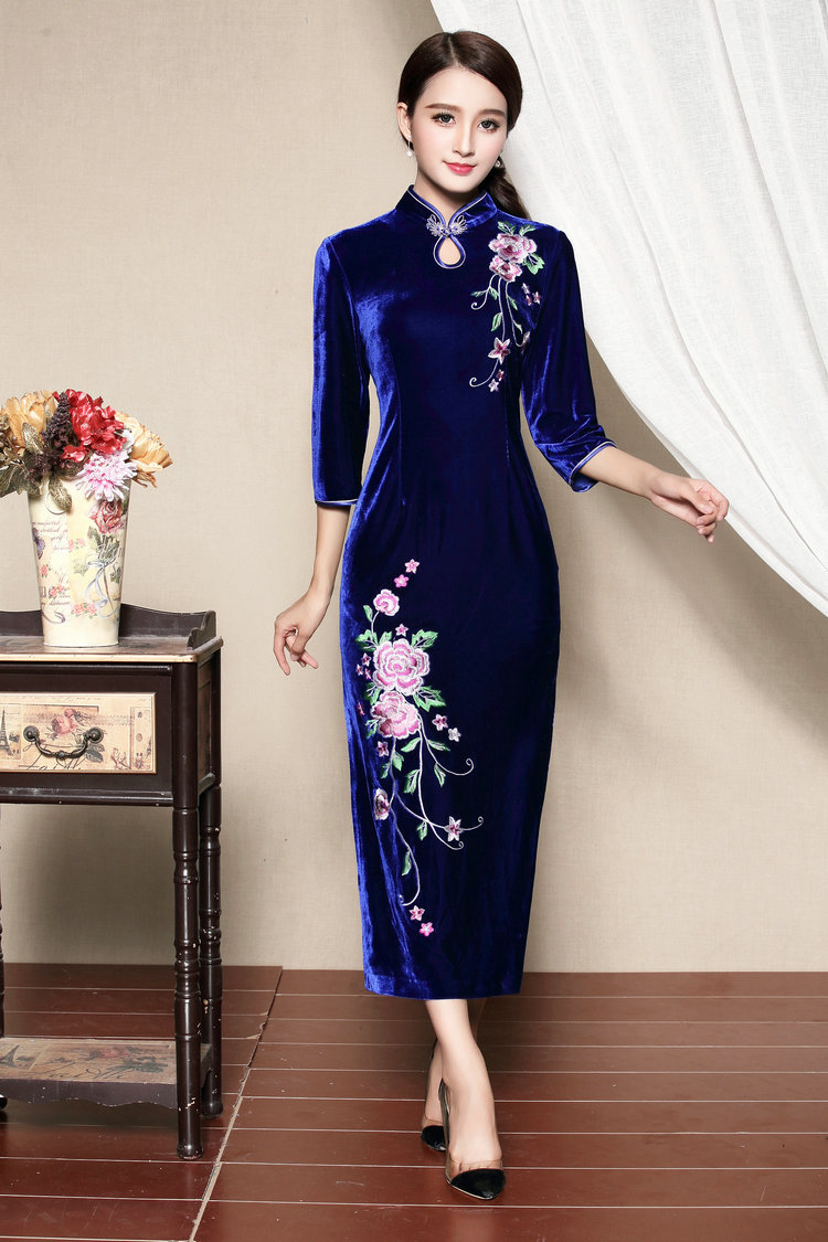 Amazing Embroidery Chinese Qipao Cheongsam Dress Blue Qipao Cheongsam And Dresses Women 