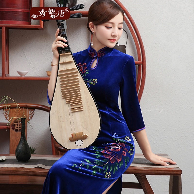 Wonderful Floral Drawing Velvet Qipao Cheongsam Blue Qipao Cheongsam And Dresses Women 