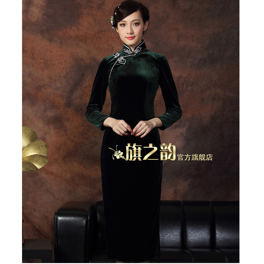 Traditional Velvet Long Cheongsam Dress Dark Green Qipao Cheongsam And Dresses Women 