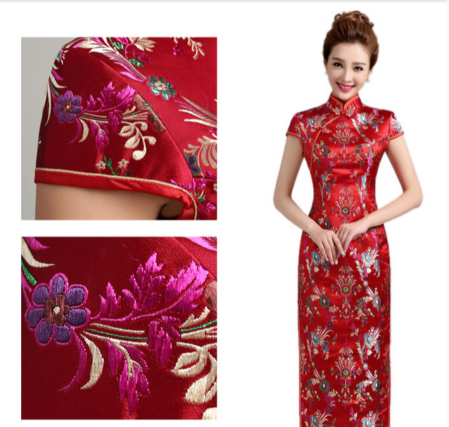 Elegant Brocade Long Qipao Cheongsam Dress Red Qipao Cheongsam And Dresses Women 