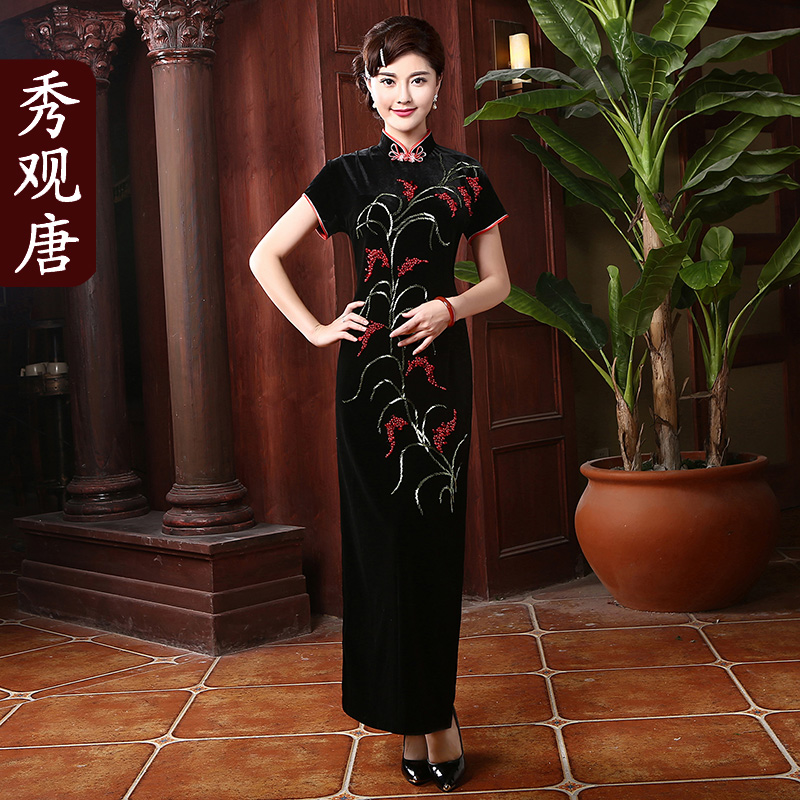 Lovely Red Sorghum Black Velvet Cheongsam Qipao Dress Qipao Cheongsam And Dresses Women 