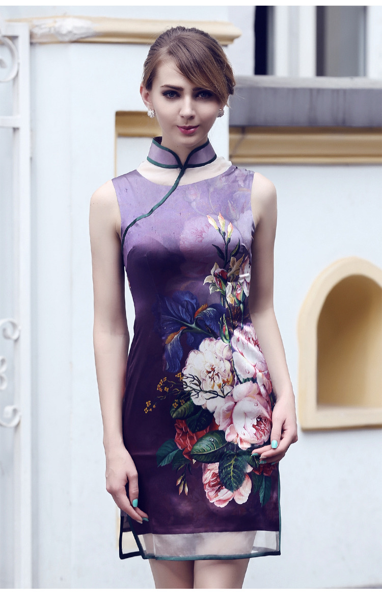 Purple Silk Modern Sleeveless Cheongsam Qipao Dress Qipao Cheongsam And Dresses Women 