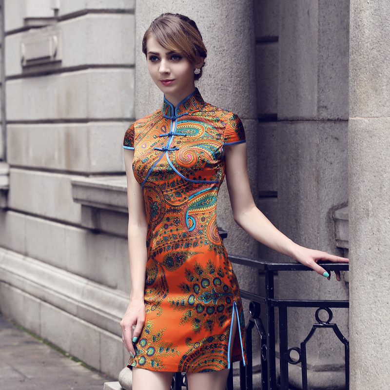 Splendid Pattern Short Silk Qipao Cheongsam Dress Qipao Cheongsam