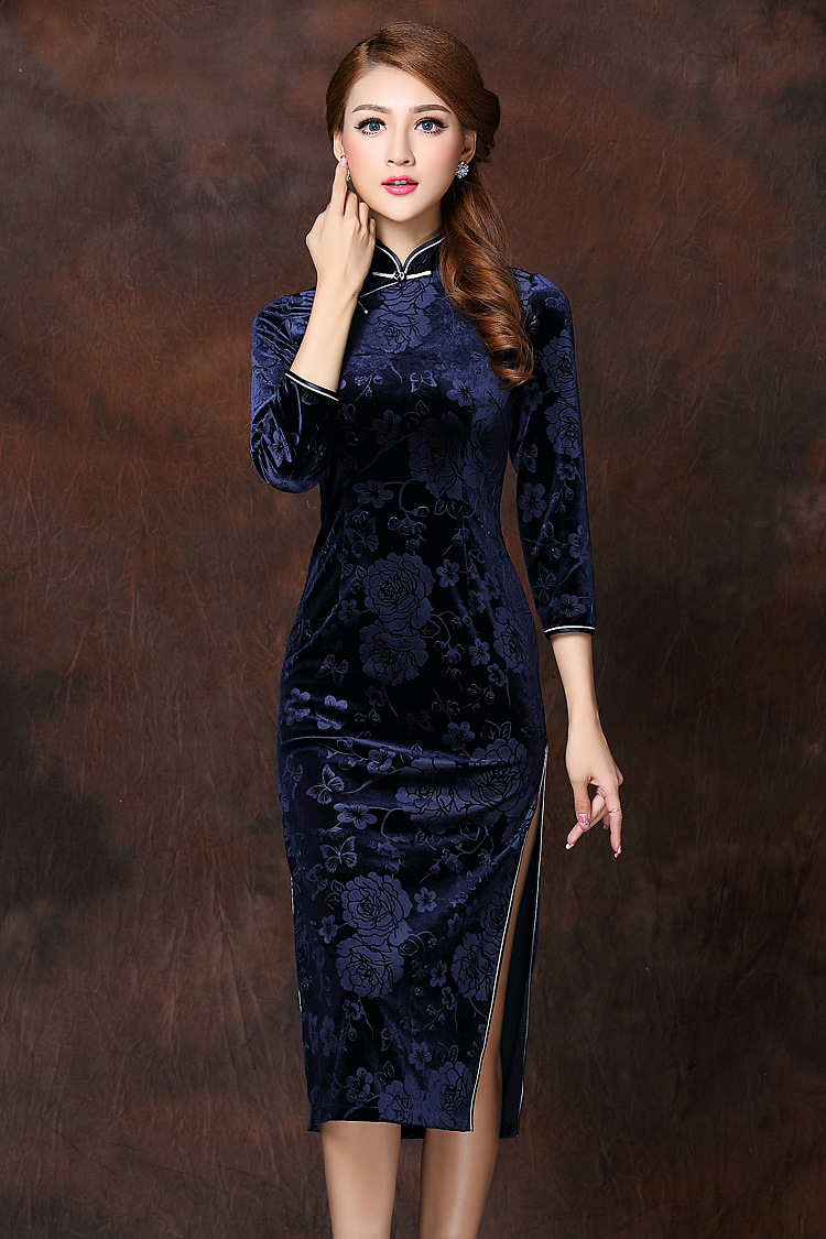 Marvelous Flowers Velvet Qipao Cheongsam Dress Dark Blue Qipao Cheongsam And Dresses Women 