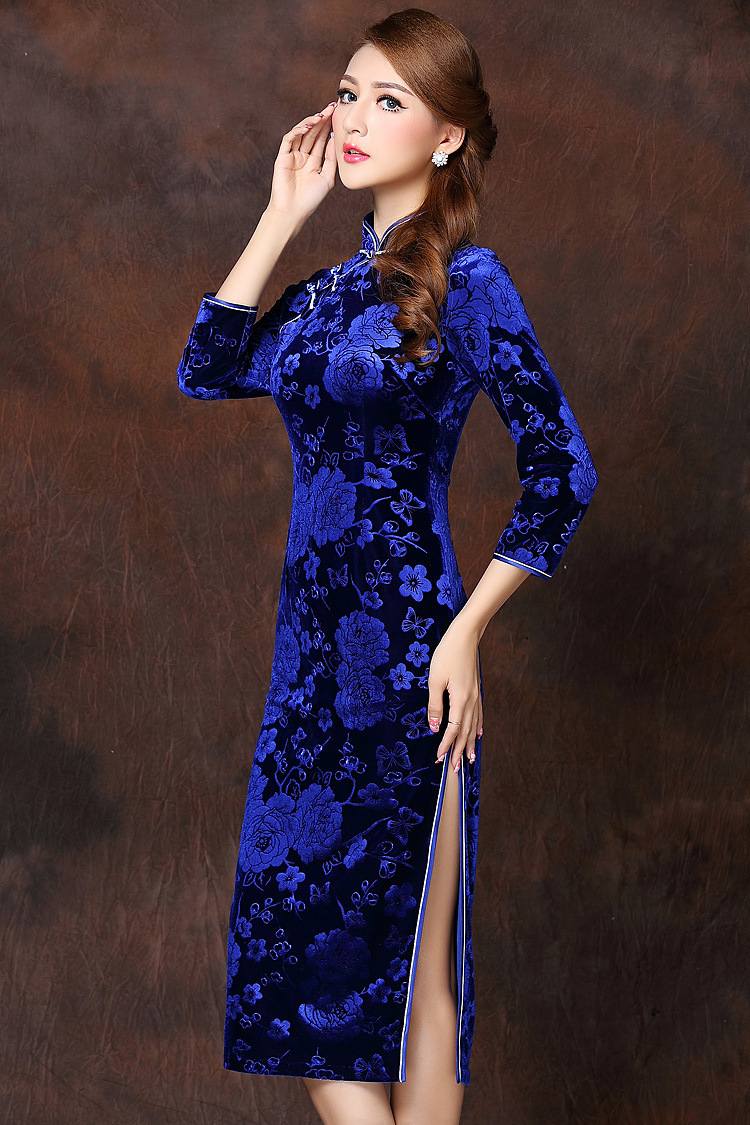 Marvelous Flowers Velvet Qipao Cheongsam Dress Blue Qipao Cheongsam And Dresses Women 