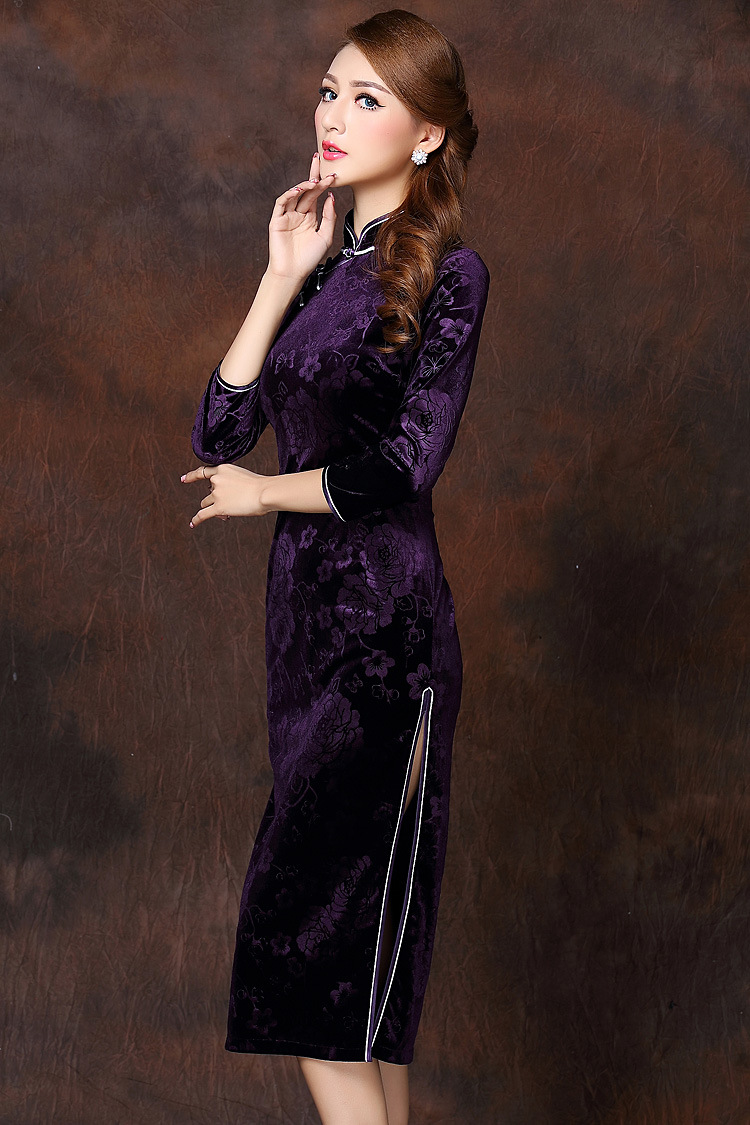 Marvelous Flowers Velvet Qipao Cheongsam Dress Purple Qipao Cheongsam And Dresses Women 