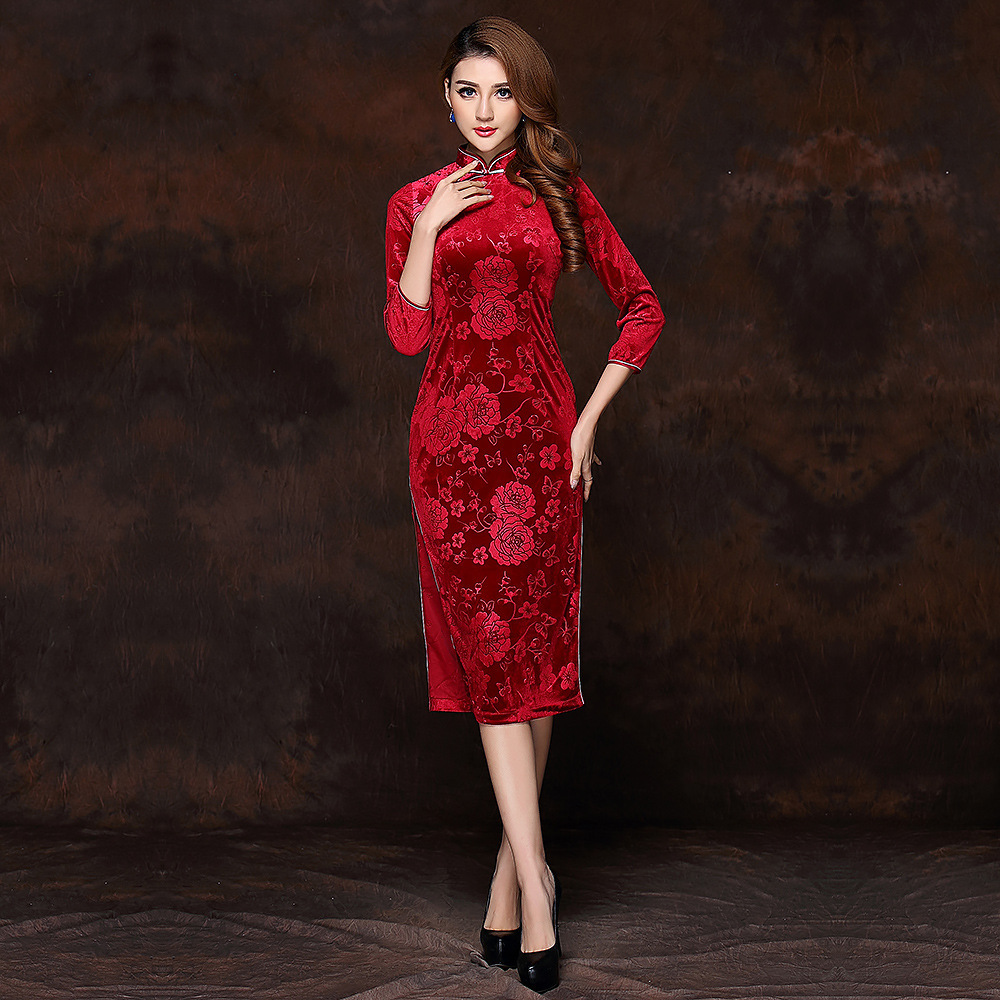 Marvelous Flowers Velvet Qipao Cheongsam Dress Red Qipao Cheongsam