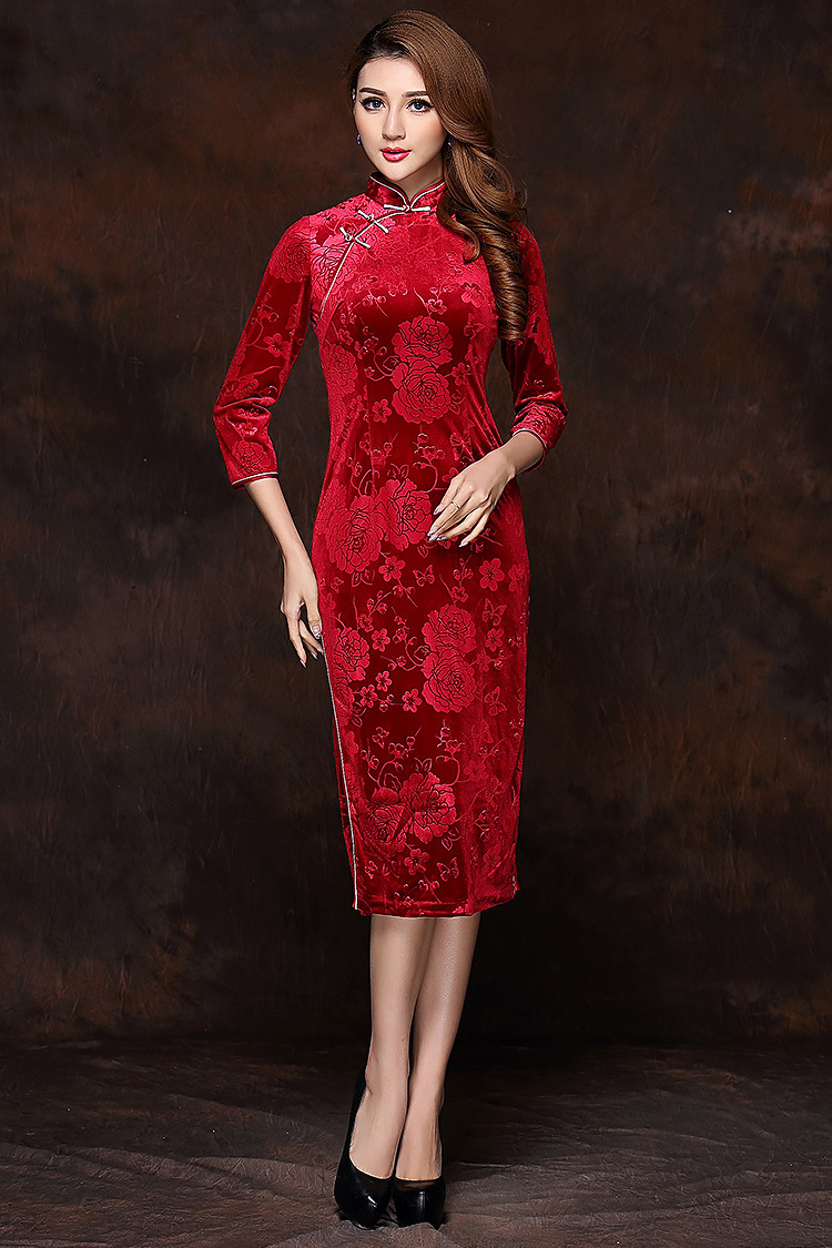 Marvelous Flowers Velvet Qipao Cheongsam Dress Red Qipao Cheongsam And Dresses Women