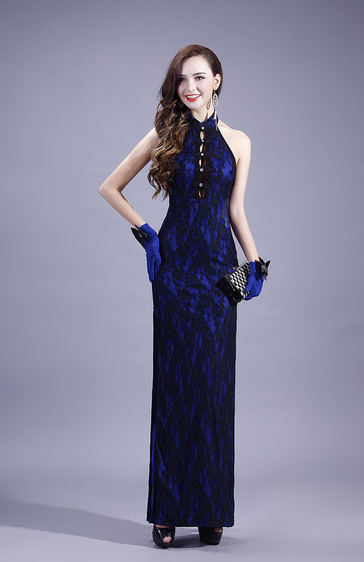 Modern Sleeveless Long Lace Qipao Cheongsam Dress Blue Qipao Cheongsam And Dresses Women 