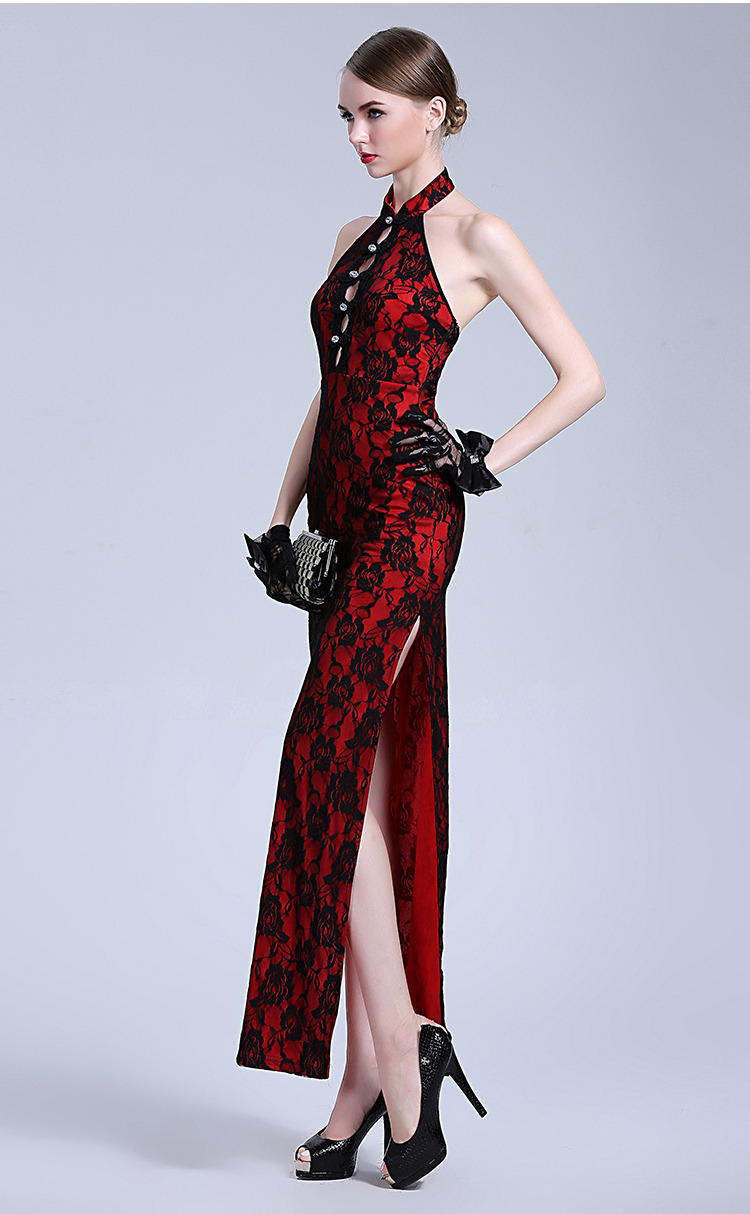 Modern Sleeveless Long Lace Qipao Cheongsam Dress Red Qipao