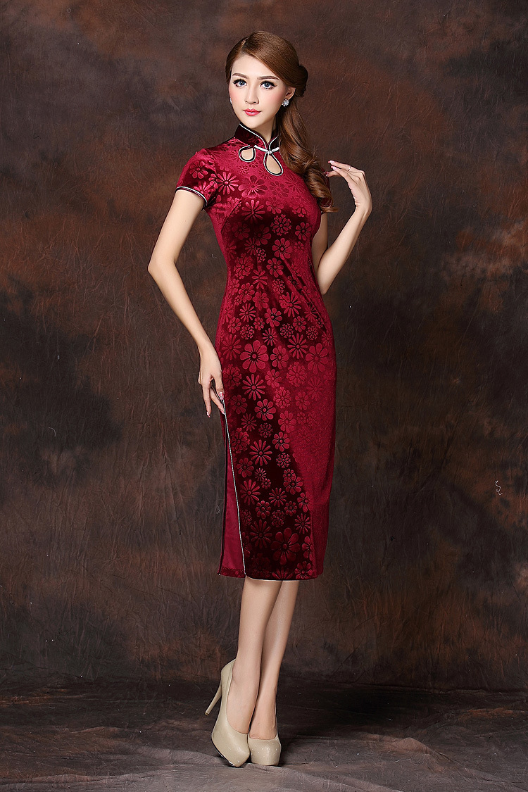 Great Modern Claret Velvet Knee Length Qipao Cheongsam Dress Qipao Cheongsam And Dresses Women 