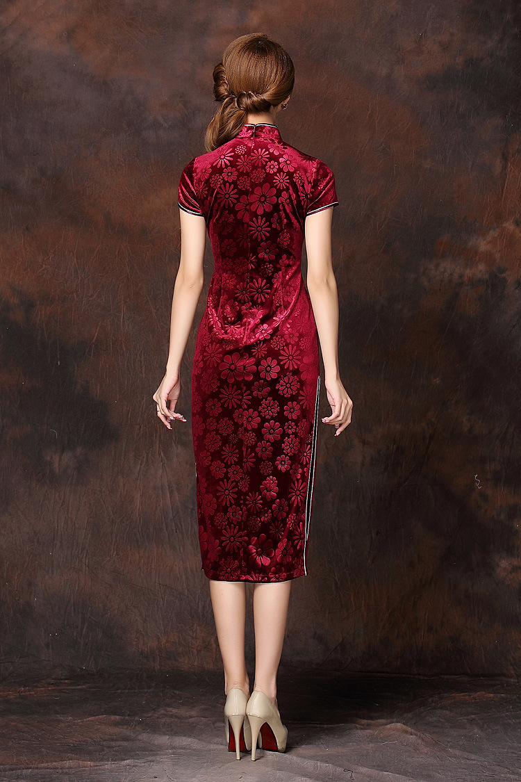 Great Modern Claret Velvet Knee Length Qipao Cheongsam Dress Qipao Cheongsam And Dresses Women 