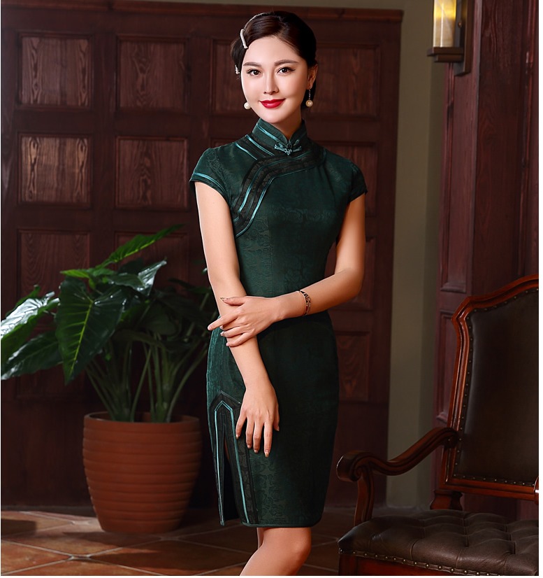 Noble Delicate Silk Cheongsam Qipao Dress Dark Green Qipao Cheongsam And Dresses Women 