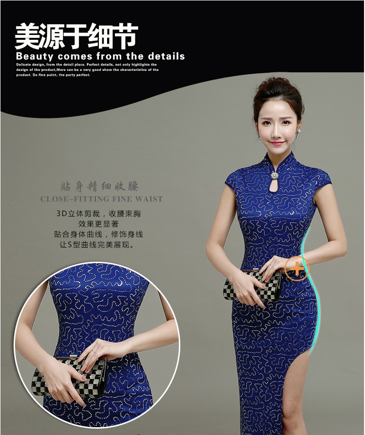 Amazing One Leg Cut Out Qipao Cheongsam Maxi Dress Blue Qipao Cheongsam And Dresses Women 