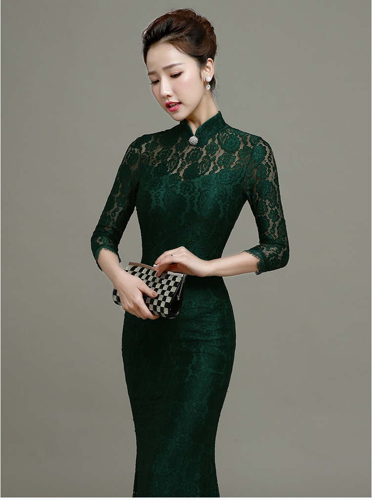 Fantastic Modern Lace Qipao Cheongsam Fishtail Dress Green Qipao Cheongsam Dresses Women