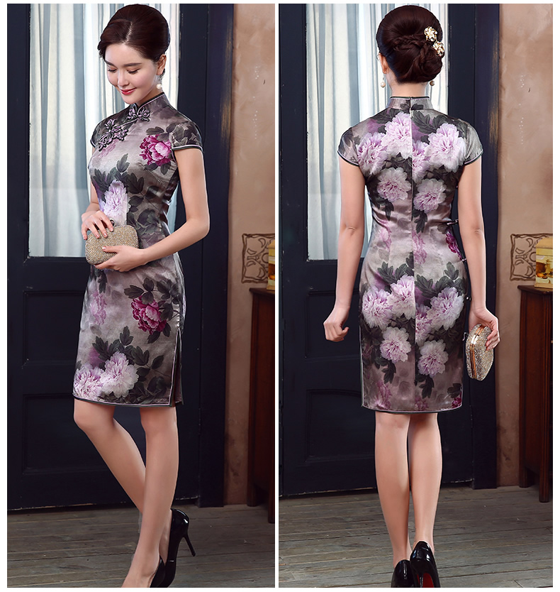 Gorgeous Peony Flowers Silk Short Qipao Cheogsam Dress Qipao Cheongsam Dresses Women